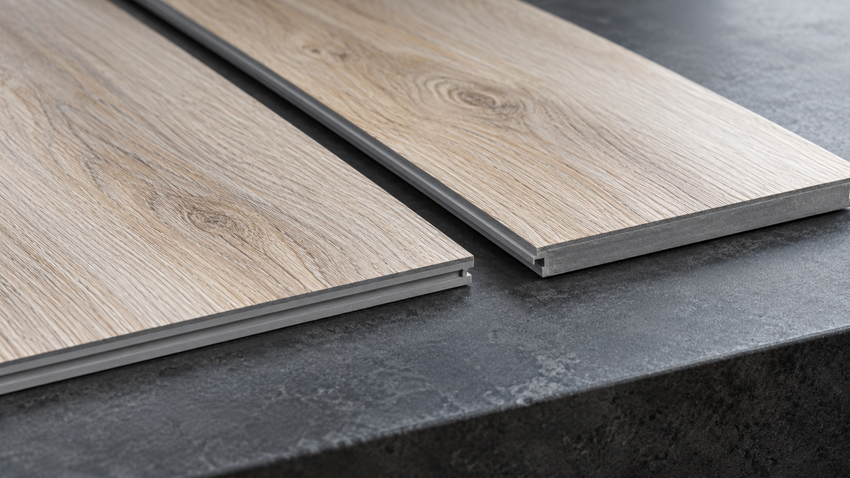 AI editorial illustration of two generic vinyl plank samples showing edge profiles; not a patented lock diagram or proof of compatibility.