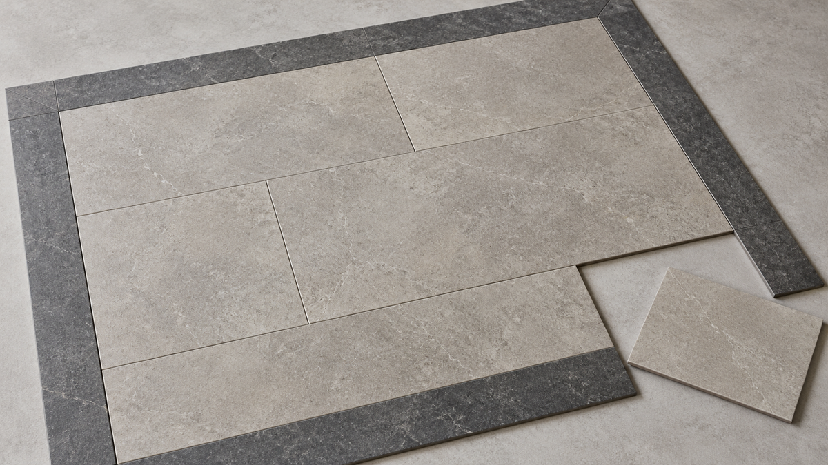 AI editorial mockup of thin stone-look dryback-style tiles and a darker border in a sample layout; not an installation photograph.