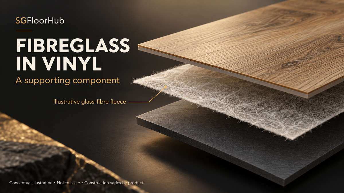 Conceptual exploded vinyl illustration highlighting a glass-fibre fleece supporting component between the face assembly and backing; not to scale, construction varies by product.