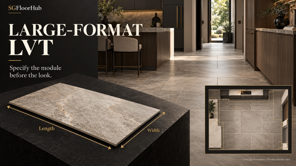 SGFloorHub AI-generated concept illustration for Large-Format LVT: Specify the Module Before the Look. Illustrative product details vary; not a named manufacturer's specification.