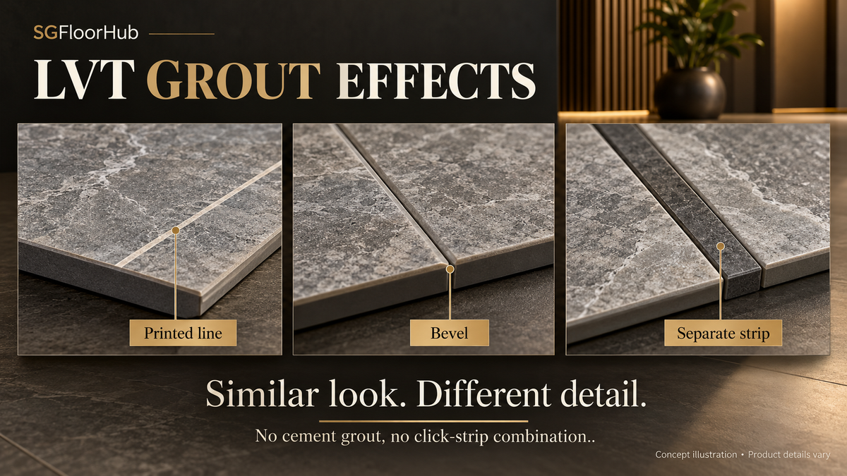 SGFloorHub AI-generated concept illustration for LVT Grout Effects: Printed Lines, Bevels or Separate Strips?. Illustrative product details vary; not a named manufacturer's specification.