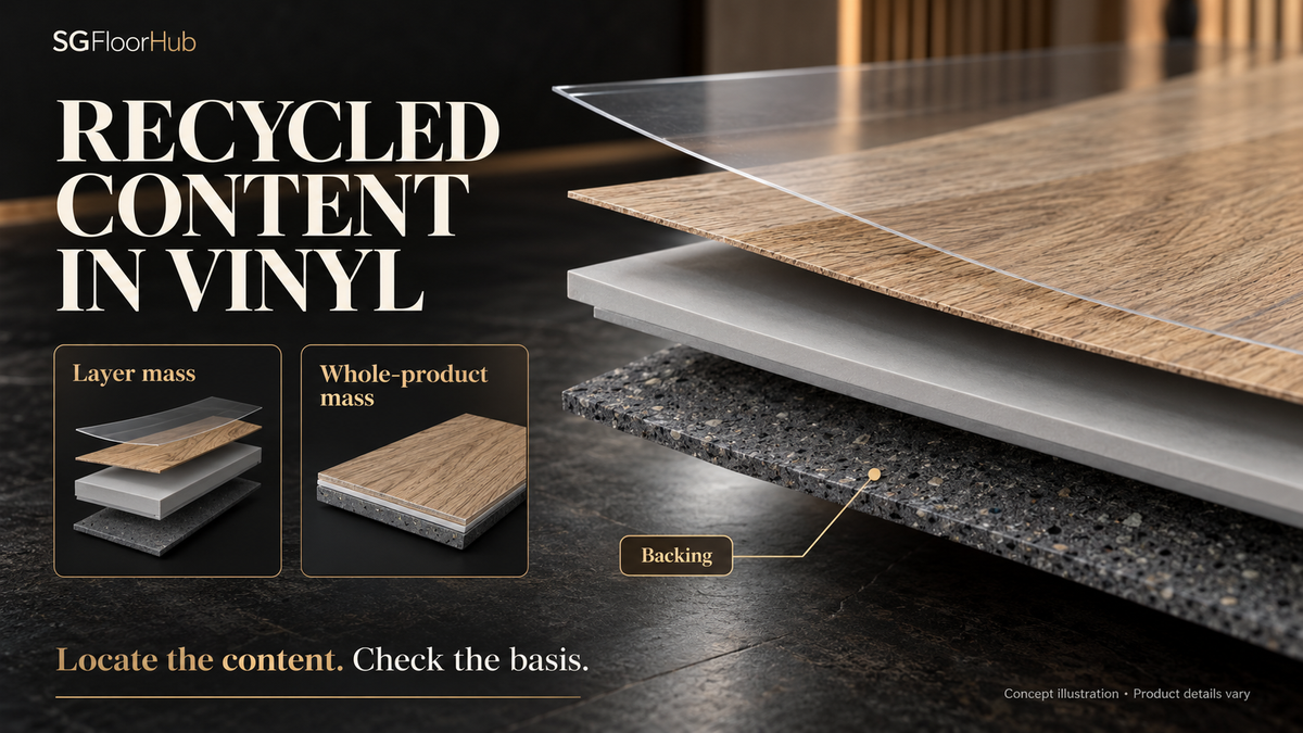 SGFloorHub AI-generated concept illustration for Recycled Content in Vinyl: Where the Material Is Used. Illustrative product details vary; not a named manufacturer's specification.