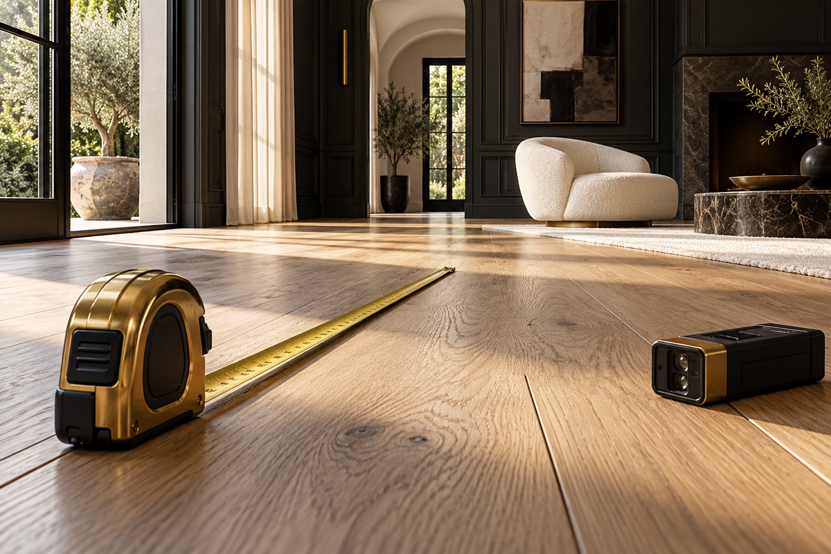 Illustrative room measuring scene with measuring tape and oak floor