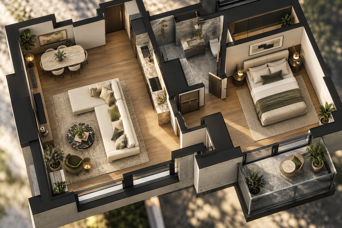 Illustrative apartment cutaway showing different floor areas