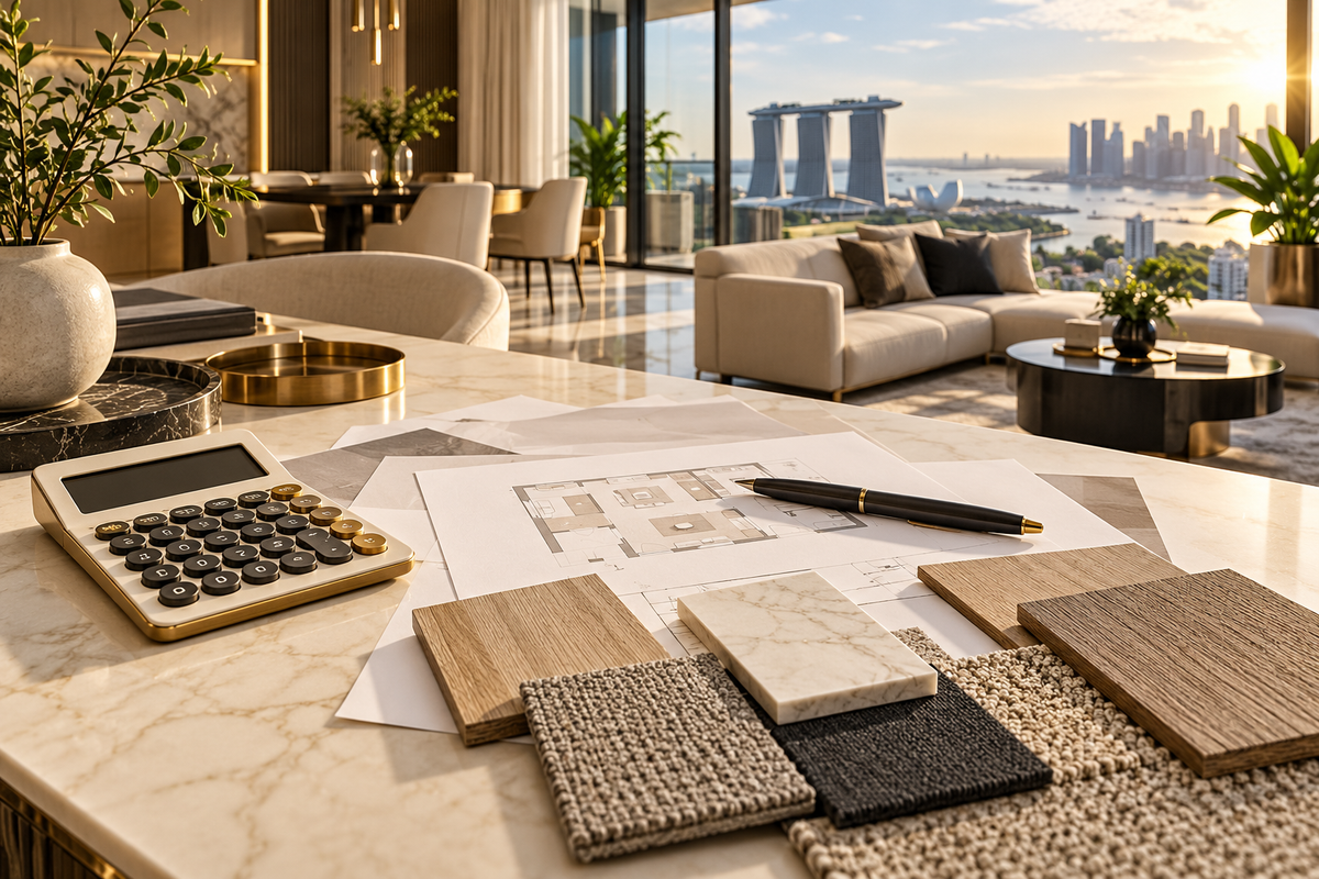 Illustrative flooring budget planning desk with calculator and material samples