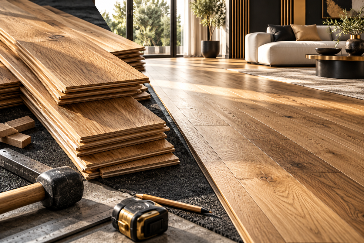 Illustrative flooring materials beside installed timber floor