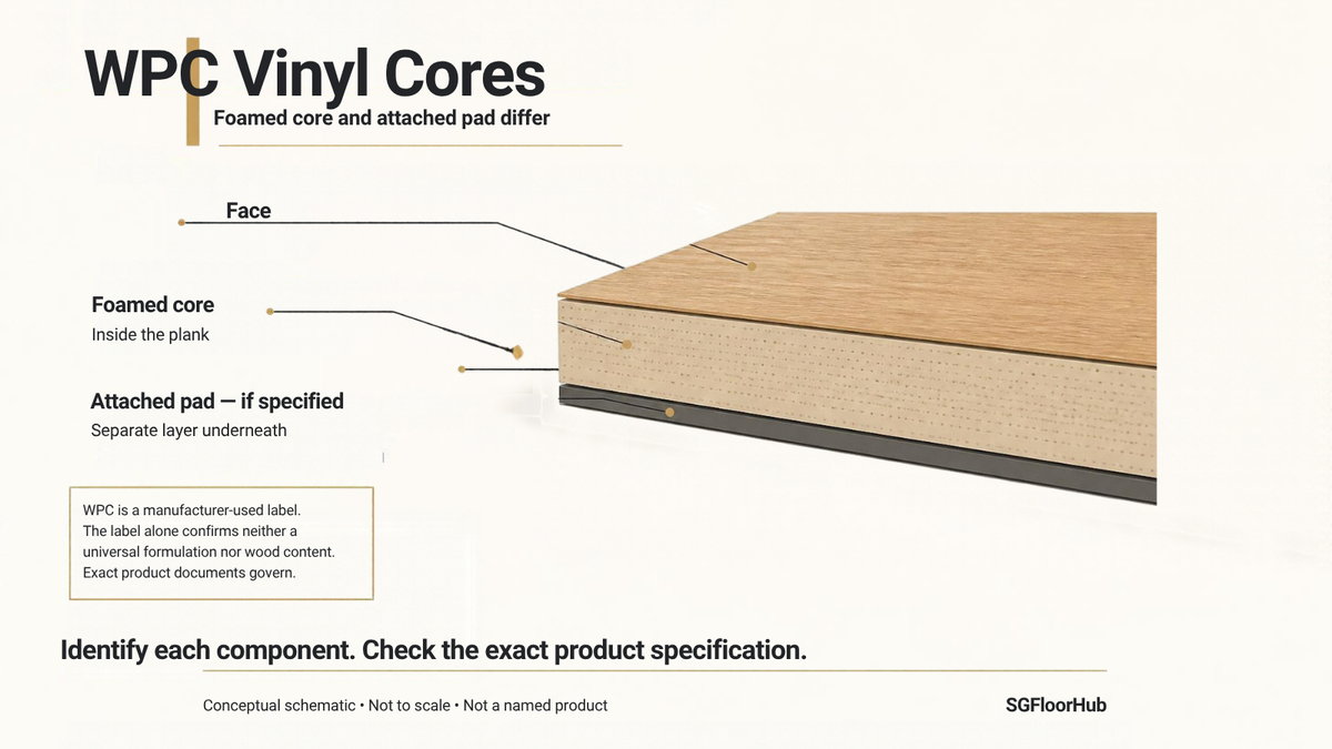 Conceptual WPC vinyl plank cross-section showing the face, foamed core and separate attached pad; not to scale.