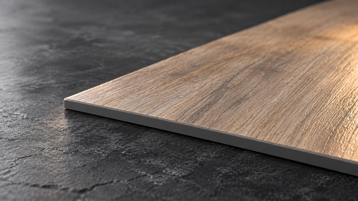 AI editorial close-up illustration of a generic wood-look rigid vinyl sample edge; not a measured or verified SPC cross-section.