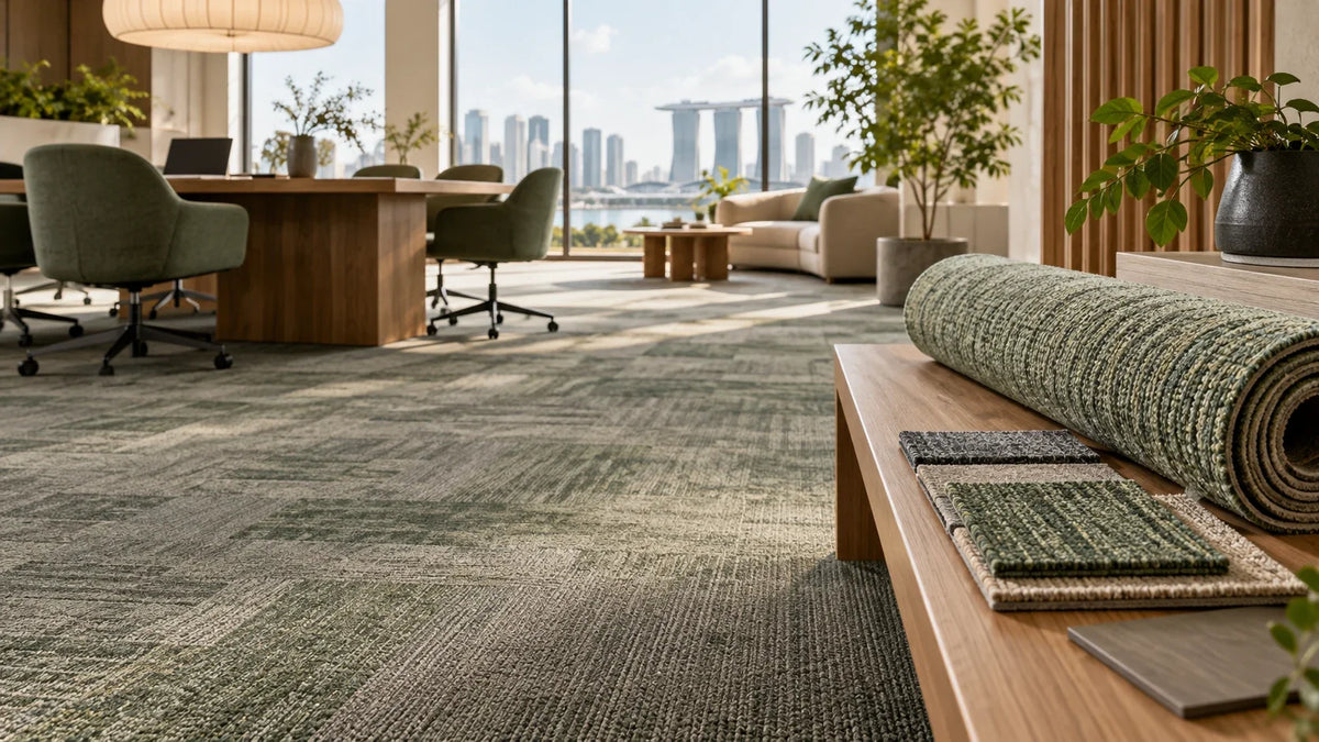 AI illustration of carpet tile samples and a broadloom roll in a contemporary office.
