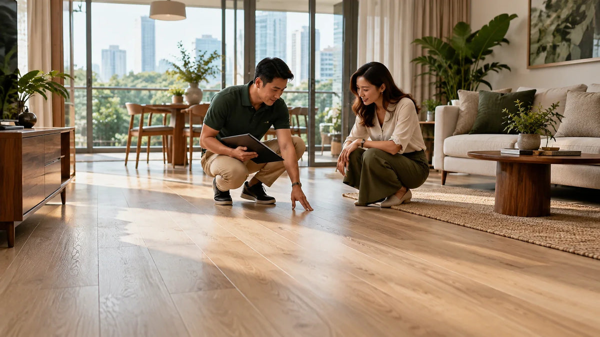 AI illustration of an installer and homeowner reviewing a completed floor and handover folder.