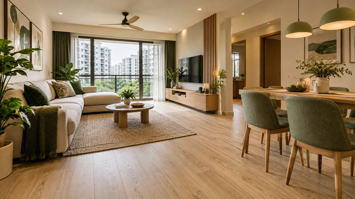 AI illustration of oak-look flooring in a compact Singapore HDB-style living and dining room.