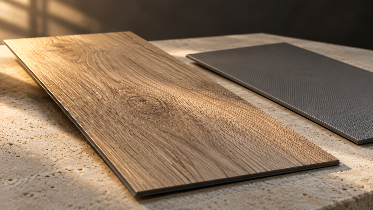 AI editorial illustration of an oak-look LVT face sample beside a sample turned underside up; not a named-brand product.