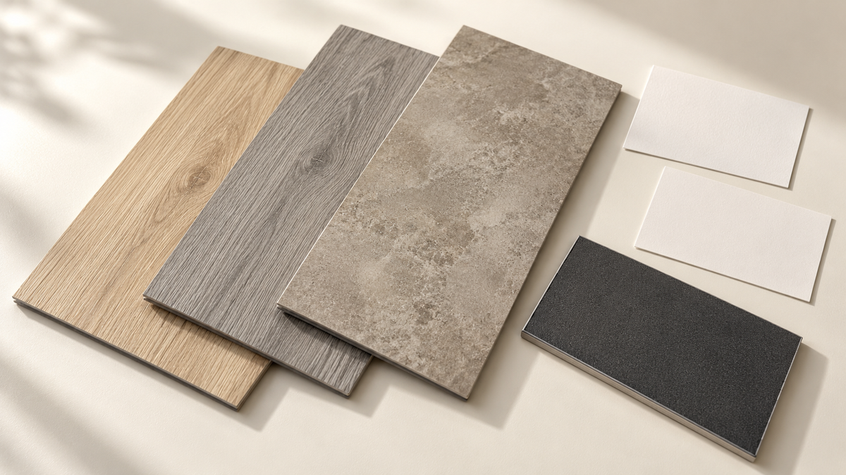 AI editorial flat lay of generic wood-look and stone-look rigid vinyl samples with an underside sample and blank identity cards.