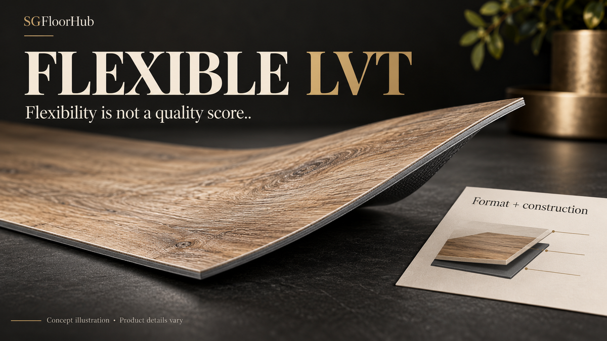 SGFloorHub AI-generated concept illustration for Flexible LVT Planks: Reading Their Construction. Illustrative product details vary; not a named manufacturer's specification.