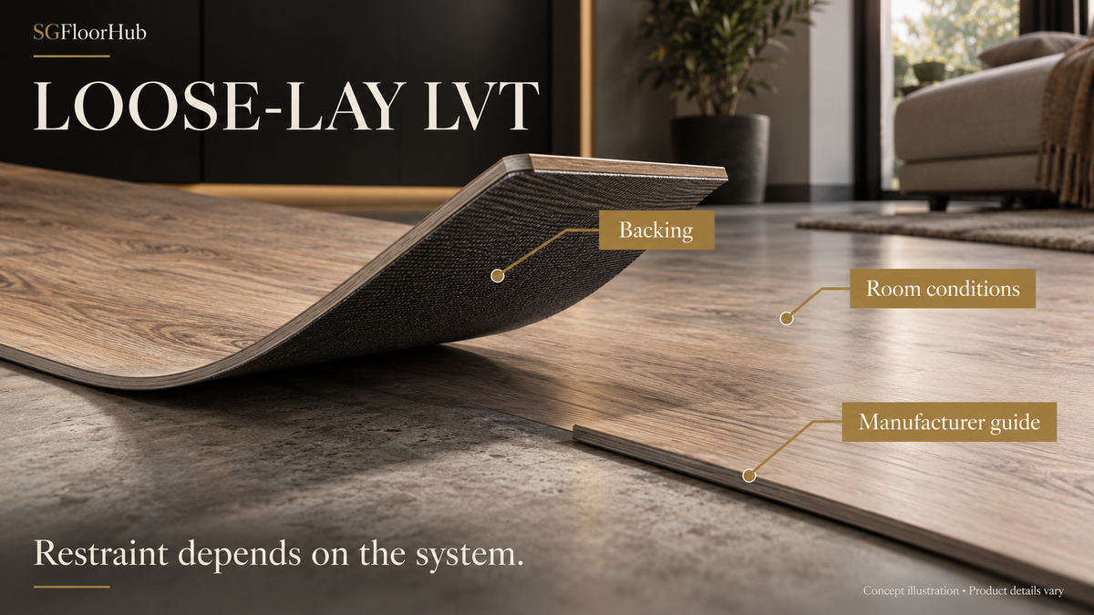 SGFloorHub AI-generated concept illustration for Loose-Lay LVT: What Actually Holds It in Position. Illustrative product details vary; not a named manufacturer's specification.