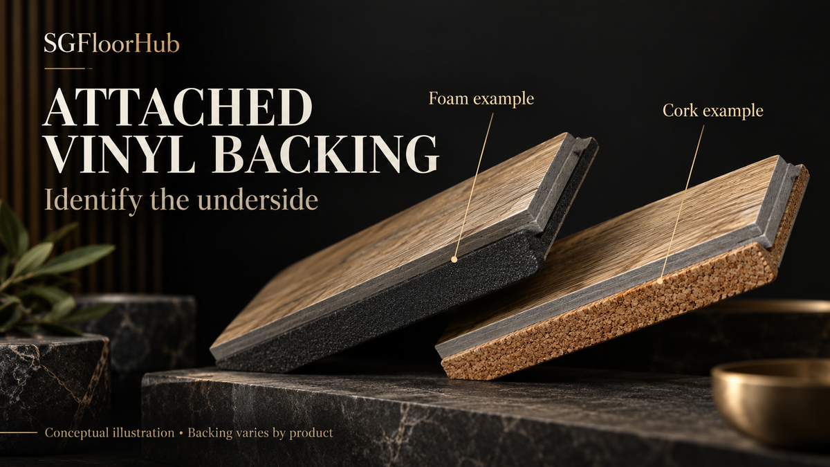 AI-generated conceptual illustration of two vinyl plank samples with alternative attached foam and cork backing; exaggerated for visibility, not to scale.