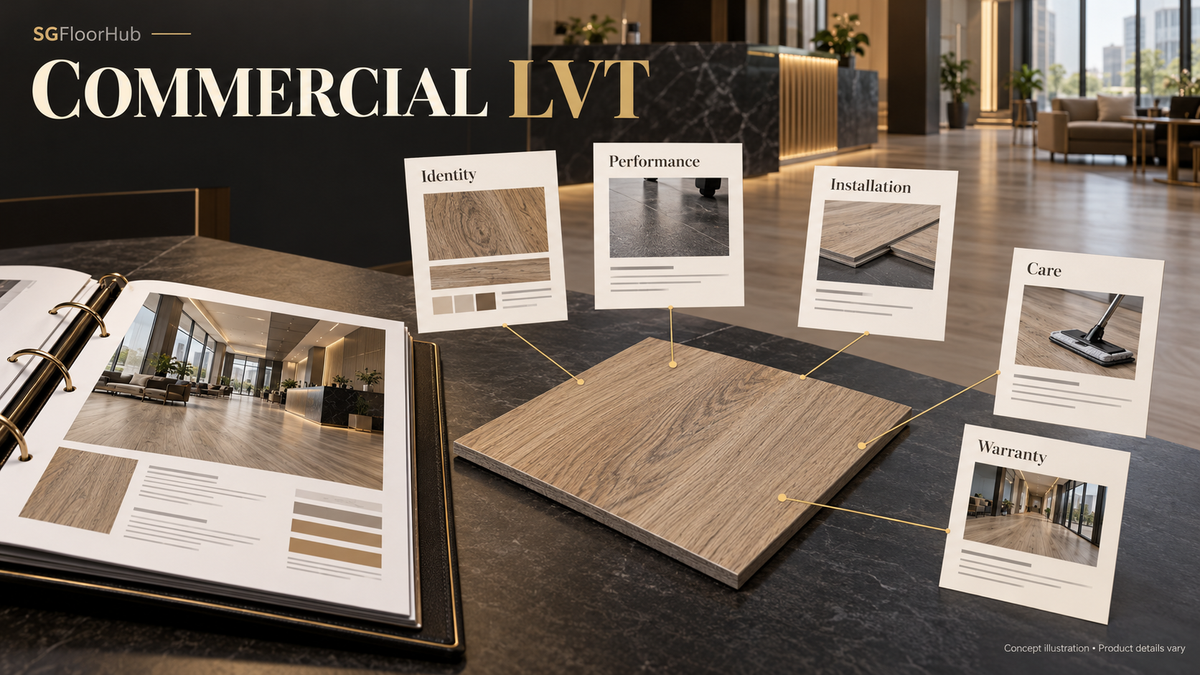 SGFloorHub AI-generated concept illustration for Commercial LVT Collections: What to Request in the Product Pack. Illustrative product details vary; not a named manufacturer's specification.