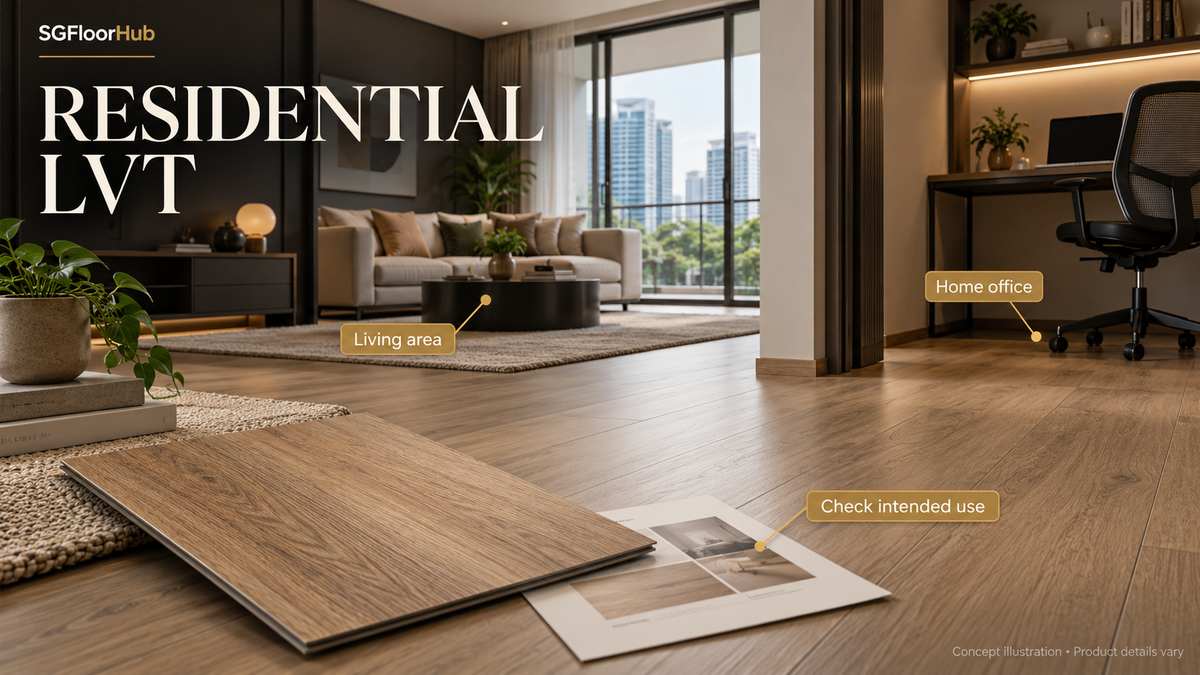 SGFloorHub AI-generated concept illustration for Residential LVT Ranges: Interpreting the Intended-Use Label. Illustrative product details vary; not a named manufacturer's specification.