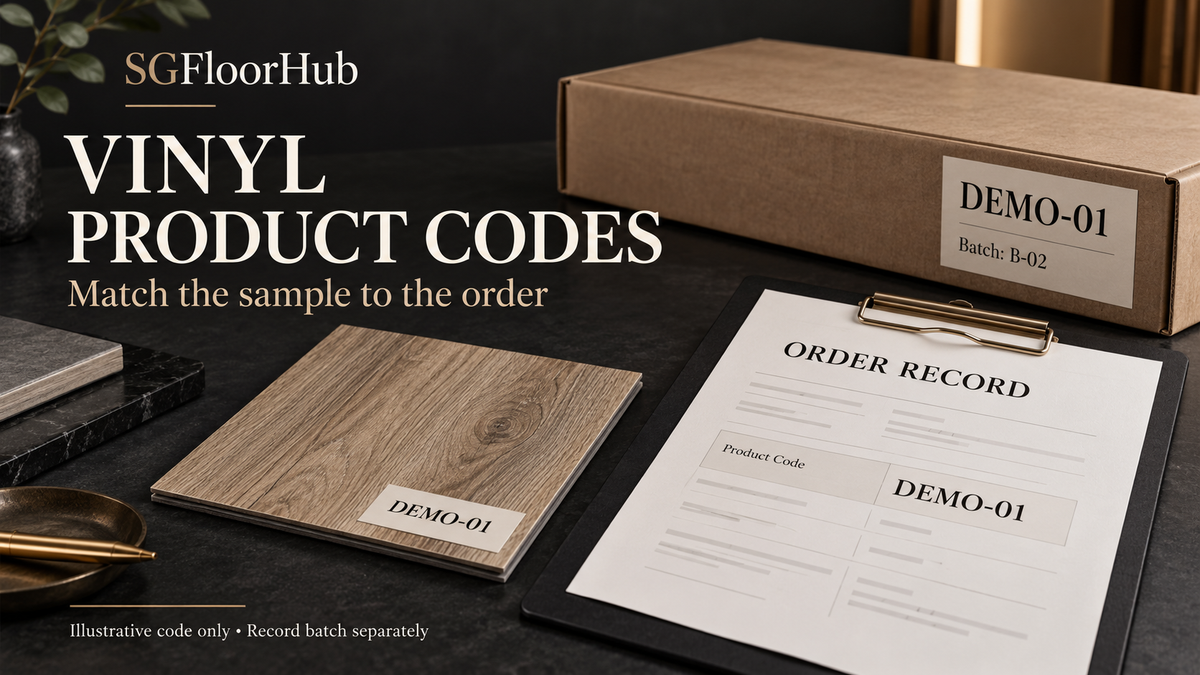 AI-generated editorial illustration matching fictional product code DEMO-01 across a vinyl sample, order record and carton; batch identity recorded separately.