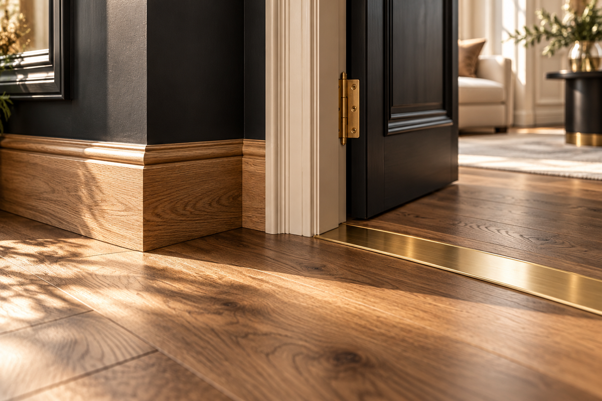 Illustrative flooring finishing details: skirting and threshold
