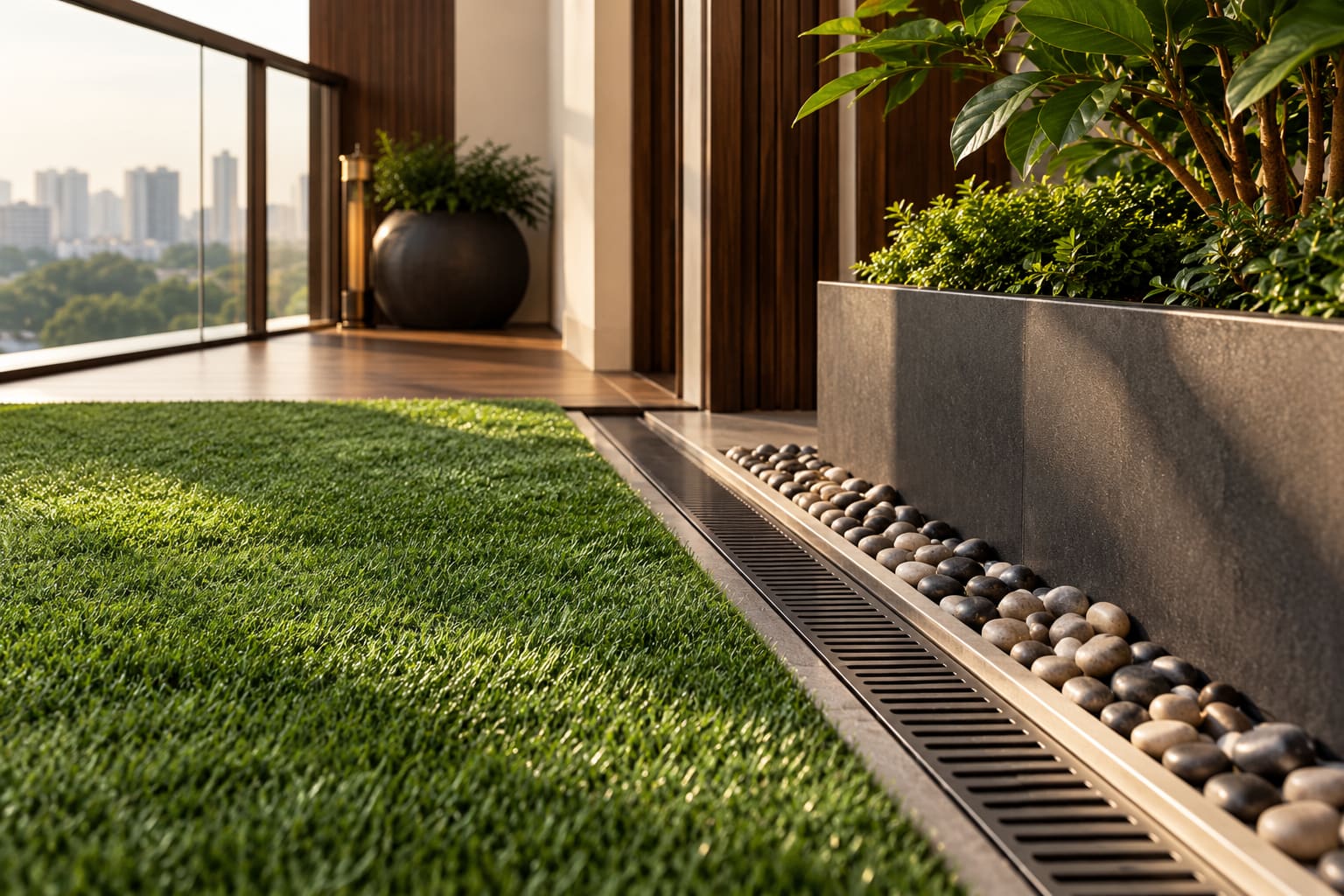 Artificial Grass Drainage & Base Planning — AI-generated editorial illustration; not a named-brand product or completed client project