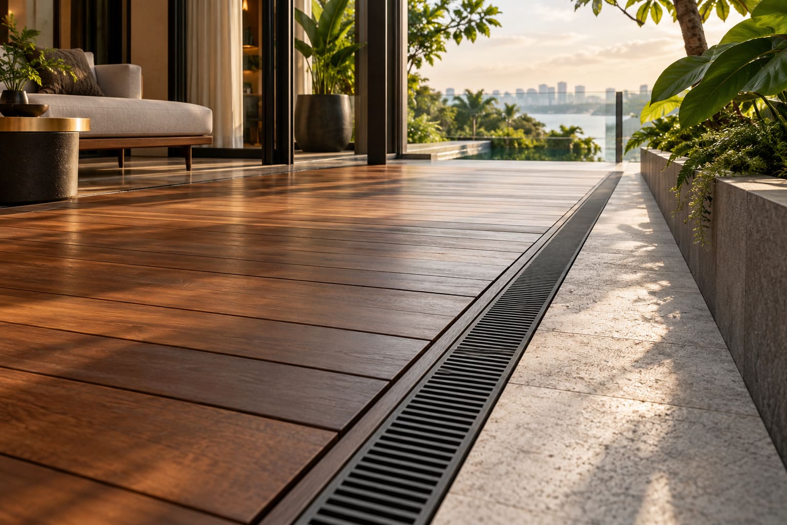 Deck Drainage, Levels & Access Planning — AI-generated editorial illustration; not a named-brand product or completed client project