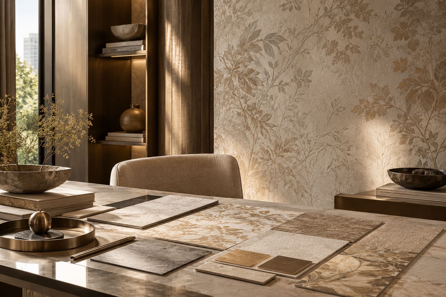 MONLI Wallpaper Atelier Collection Planning — AI-generated editorial illustration; not a named-brand product or completed client project