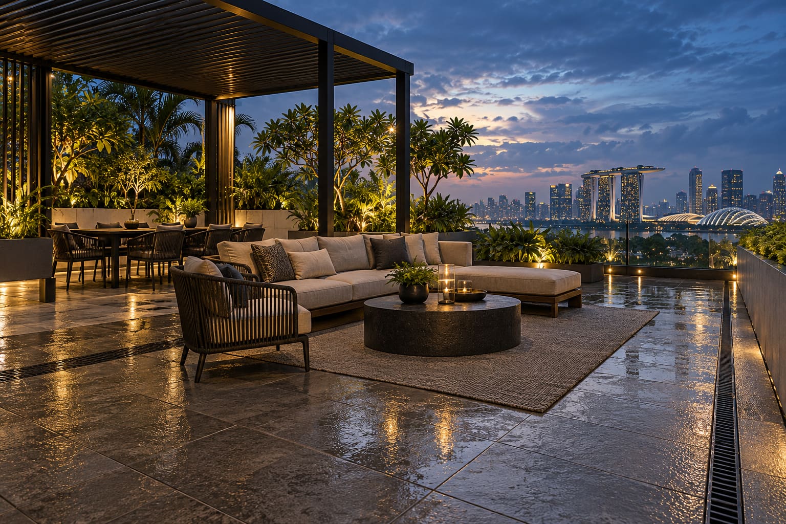 Outdoor Flooring Suitability & Exposure — AI-generated editorial illustration; not a named-brand product or completed client project