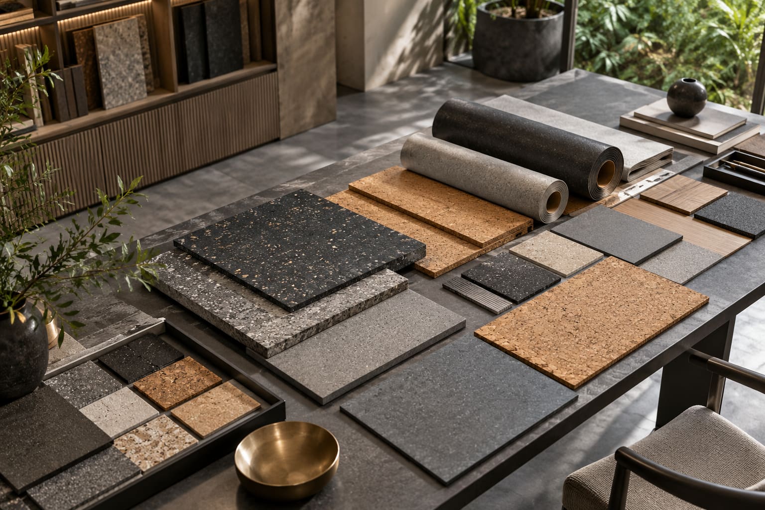 Rubber, Linoleum & Cork Flooring Research — AI-generated editorial illustration; not a named-brand product or completed client project