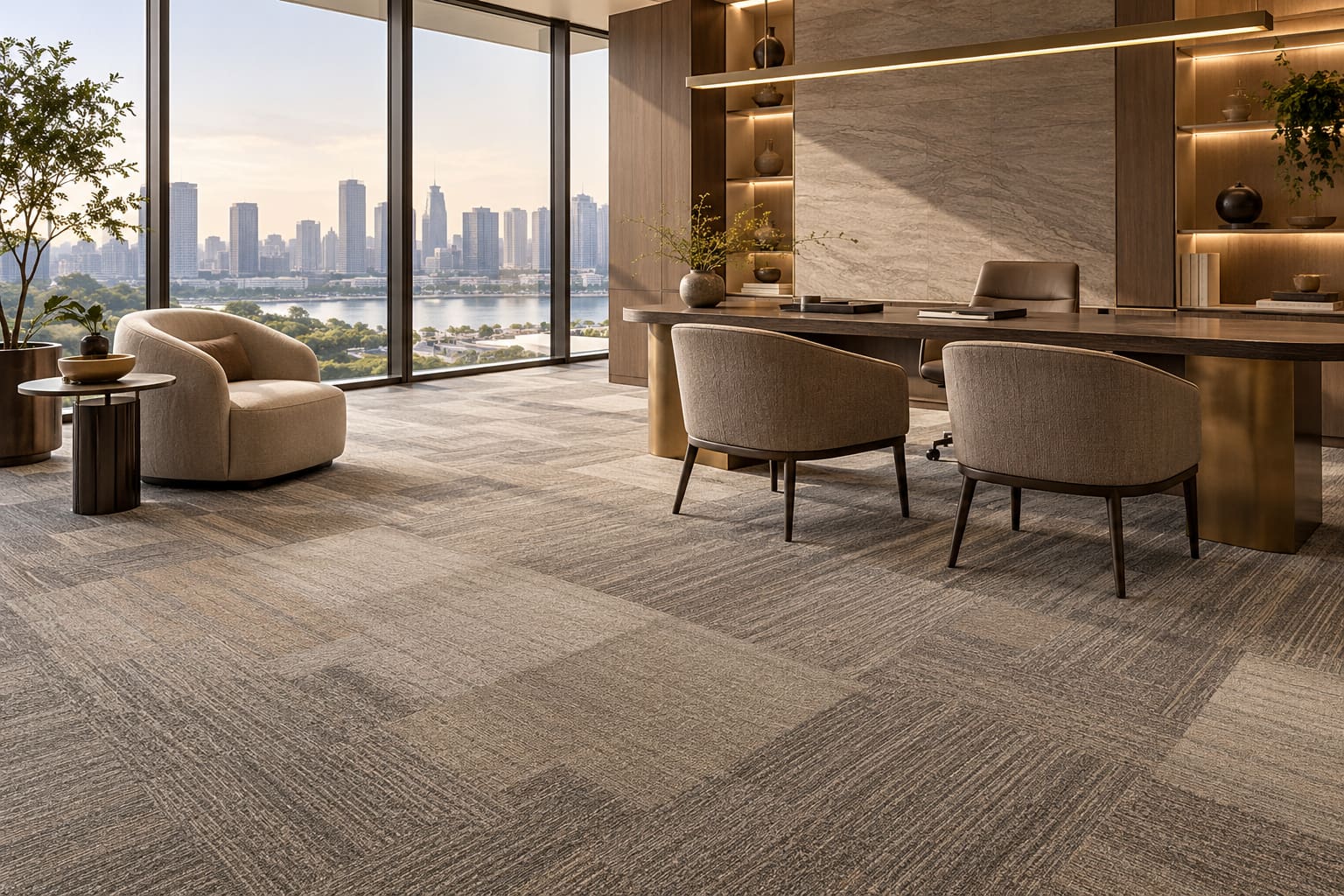 Interface Carpet Tiles & Flooring — AI-generated editorial illustration; not a named-brand product or completed client project