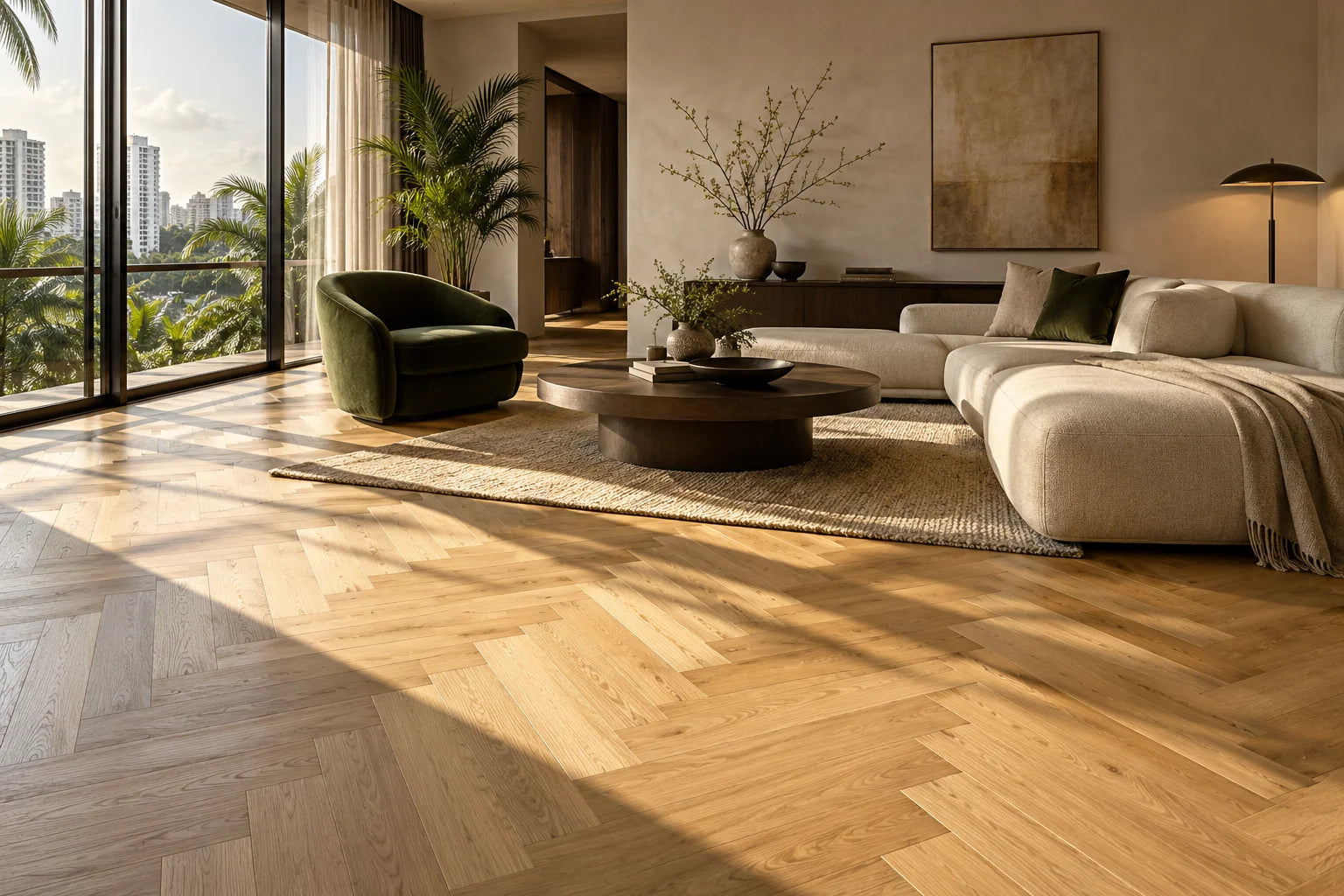 AI-generated concept of a Singapore apartment with a warm oak herringbone floor, cream sofa and green lounge chair